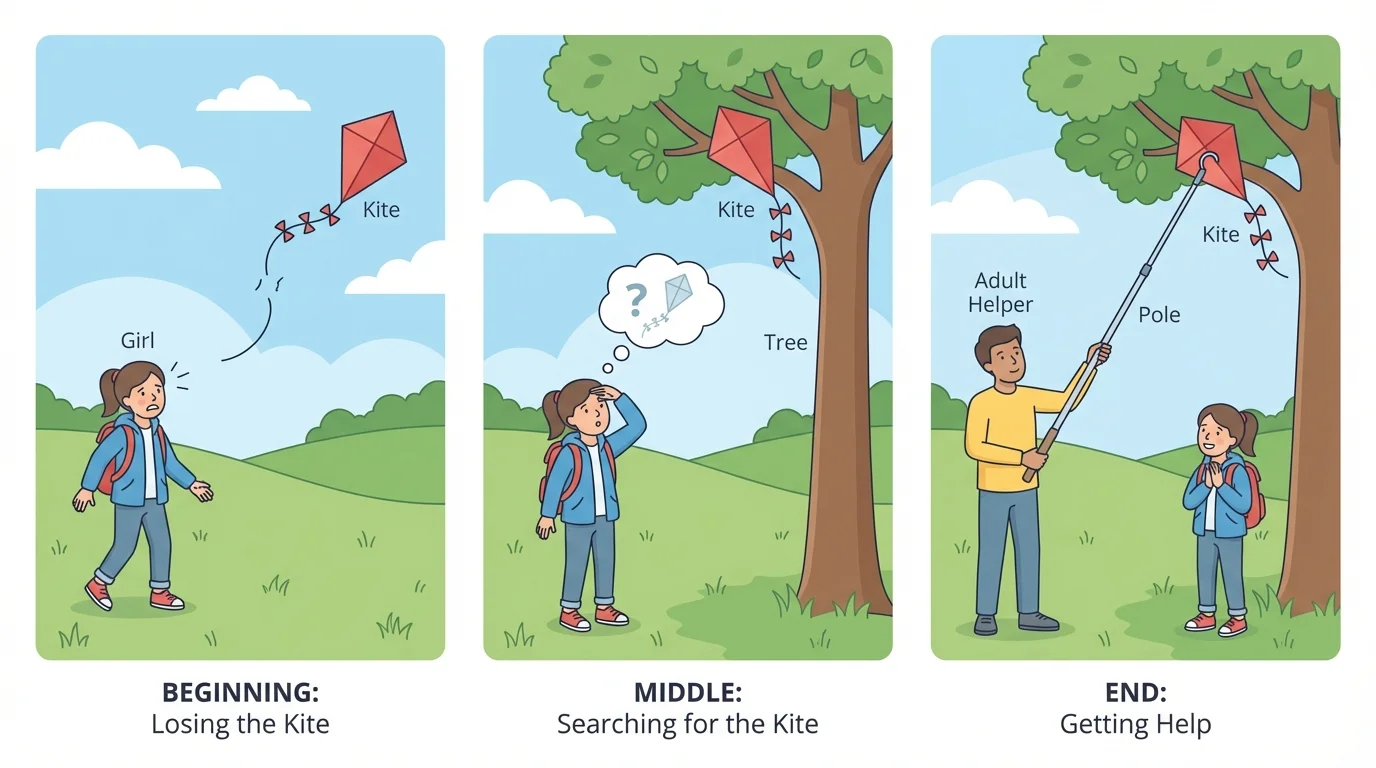three-panel story sequence of a girl losing a kite, searching for it, and getting help to reach it in a tree, showing beginning, middle, and end