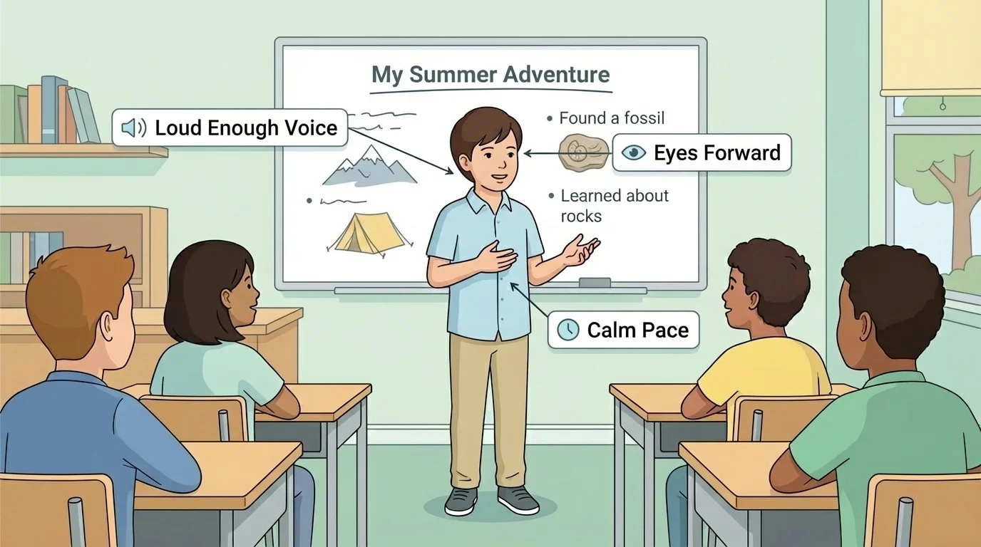 child giving a short presentation to classmates, standing tall and facing audience, with simple labels for loud enough voice, eyes forward, and calm pace