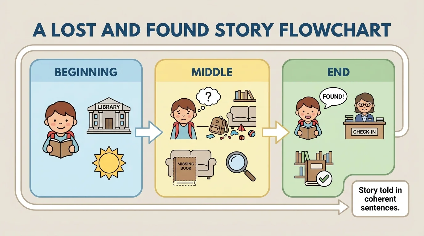 child-friendly three-part story flowchart about losing and finding a library book, with boxes labeled beginning, middle, and end and simple scene icons