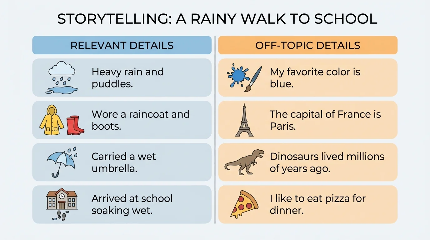 comparison chart with two columns labeled relevant details and off-topic details for a rainy walk to school story, using short phrases and simple icons
