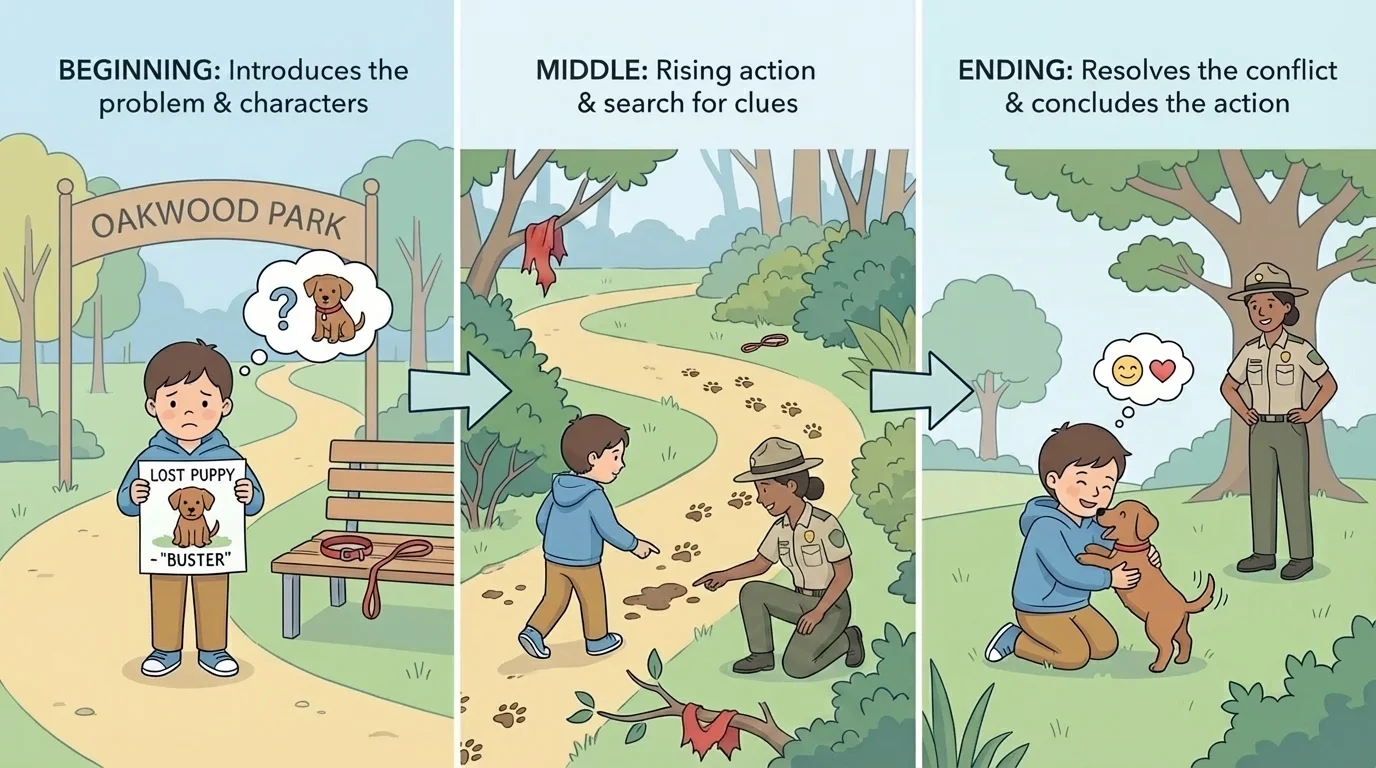 Three-part sequence of a child searching for a lost puppy in a park, following clues and asking for help