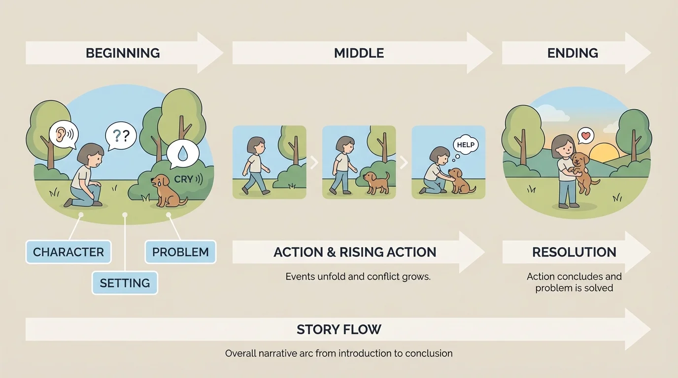 Story opening scene with a child in a park hearing a puppy cry, with simple labels for character, setting, and problem