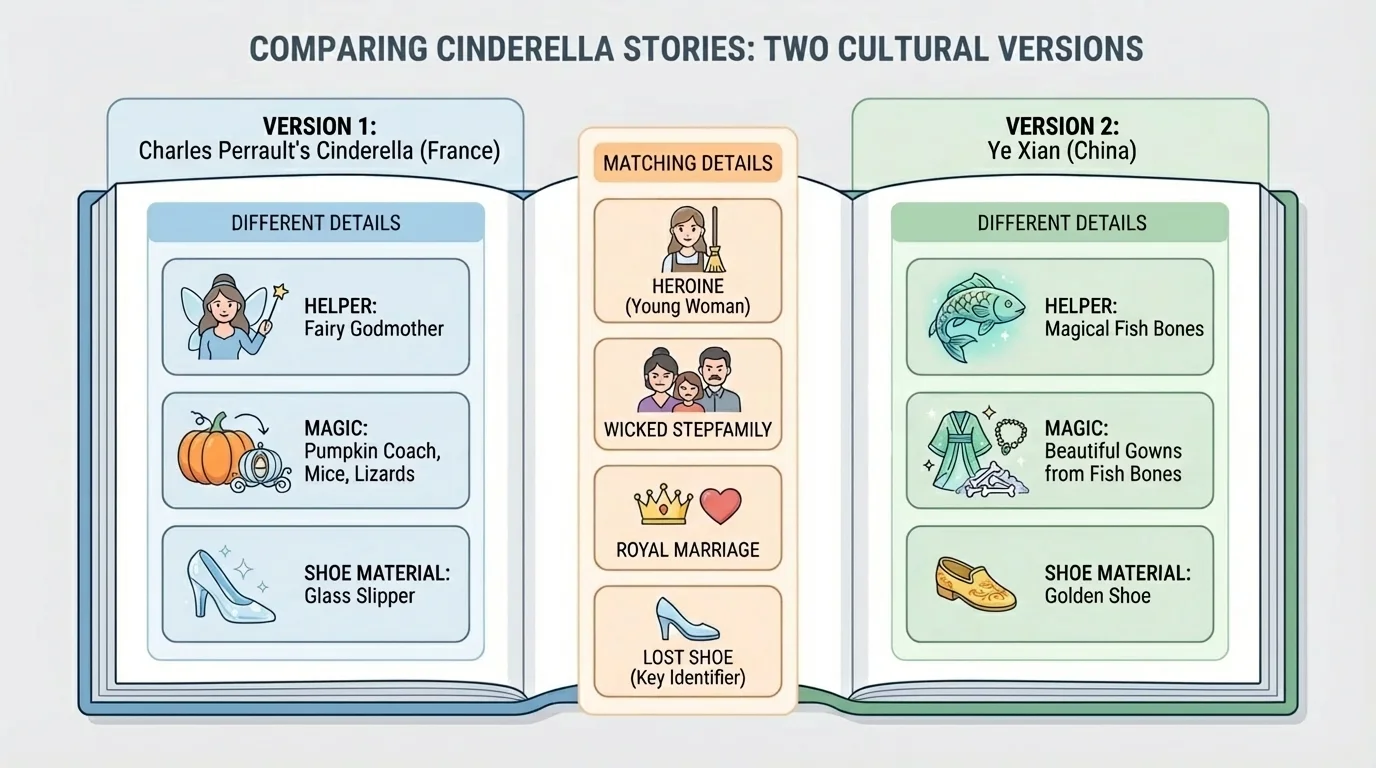 Two open books in a comparison chart with matching and different story details labeled