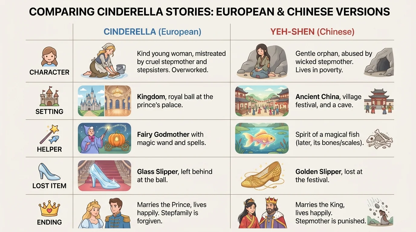 Simple two-column chart comparing character, setting, helper, lost item, and ending in Cinderella and Yeh-Shen