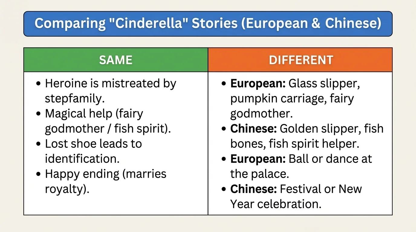 Child reader using a T-chart labeled Same and Different with notes from two fairy tales