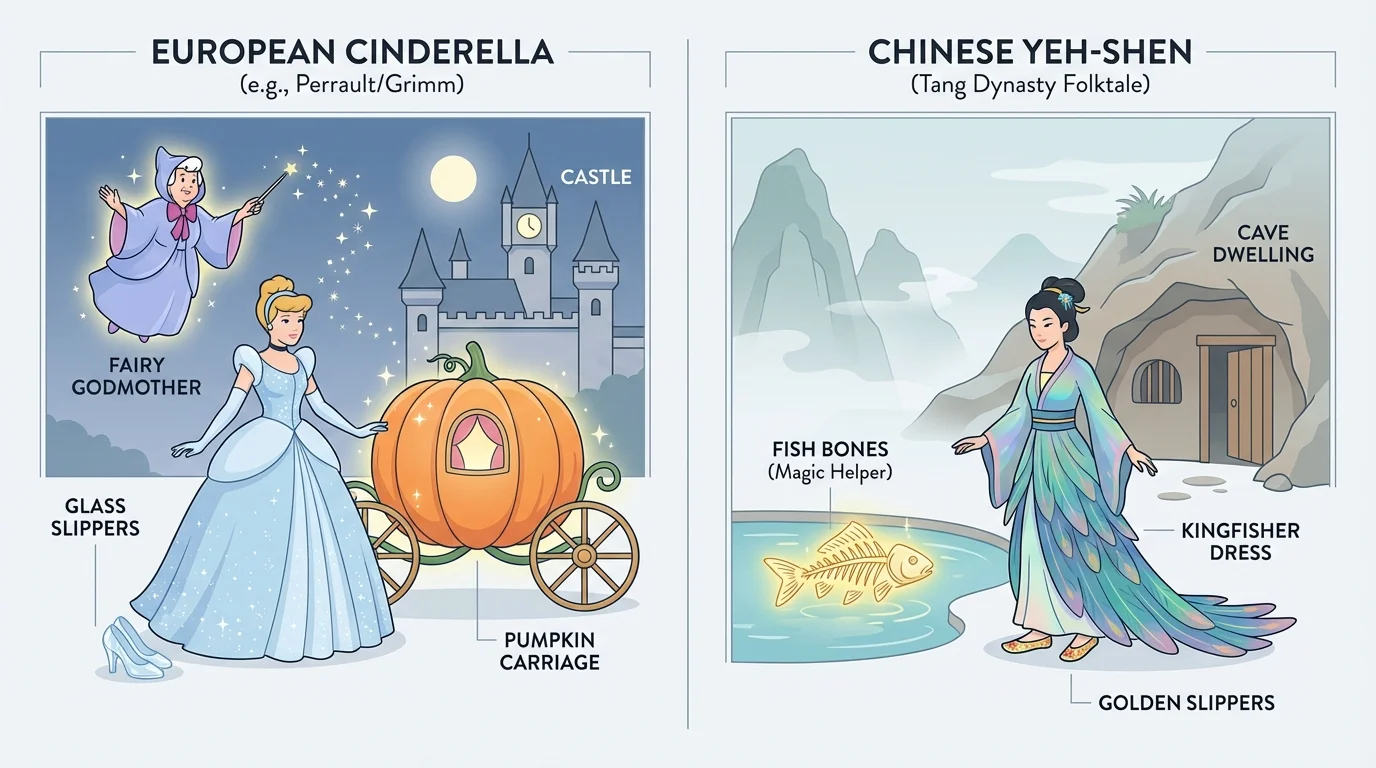 Side-by-side illustration of a European Cinderella and Yeh-Shen with different clothing, homes, and magical helpers