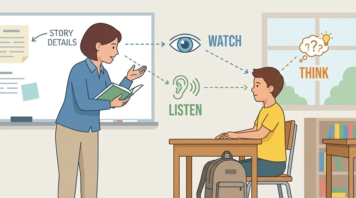 classroom scene with student facing a teacher, eyes on speaker, ears listening, hands still on desk, and simple labels for watch, listen, think