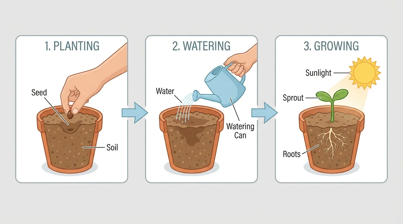 three-part sequence showing a child puts a seed in soil, waters it, and later sees a sprout grow