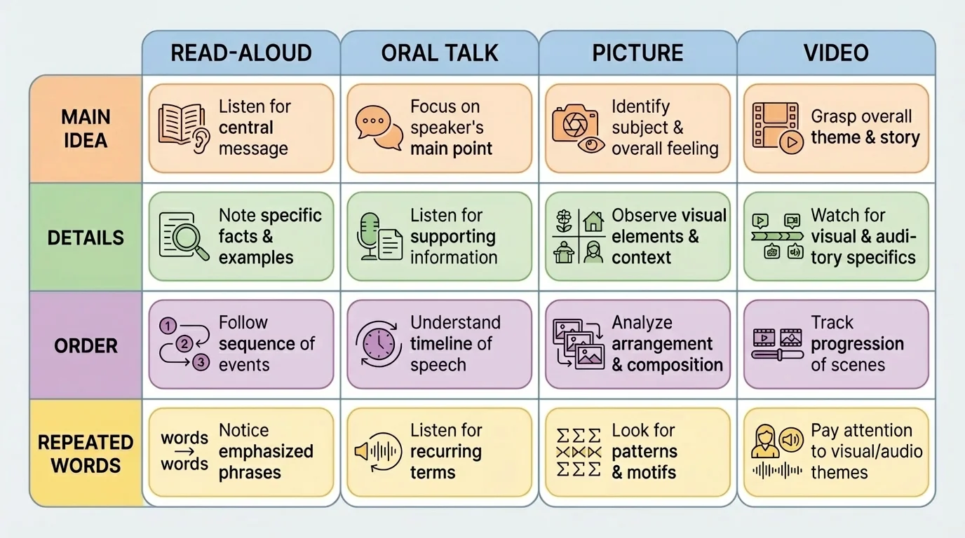 comparison chart with four columns labeled read-aloud, oral talk, picture, and video, each listing simple clues to notice such as main idea, details, order, and repeated words
