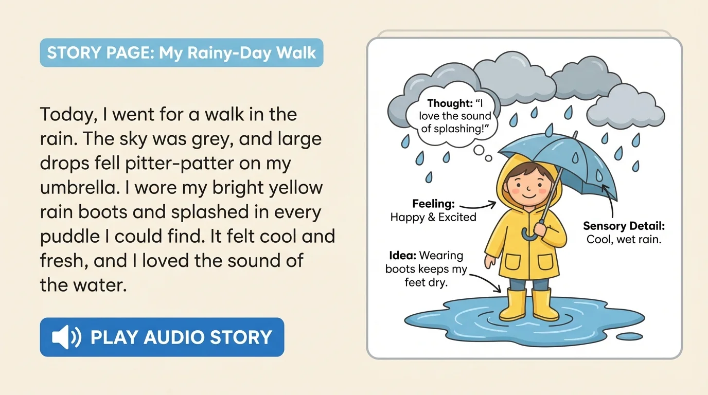 Story page about a rainy-day walk next to a drawing of a child in rain boots under gray clouds with a smiling face and labeled details