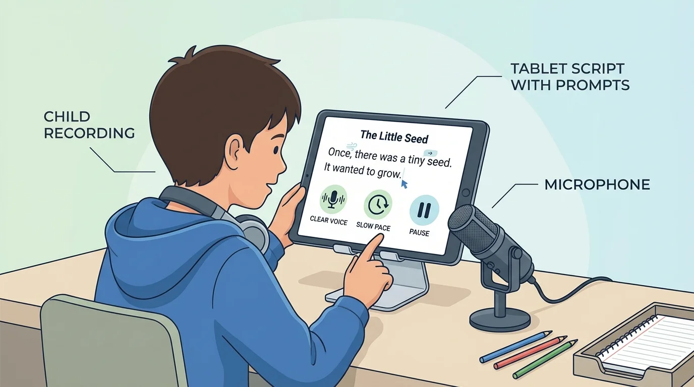 Child seated at a tablet microphone reading a short story script with icons for clear voice, slow pace, and pause marks