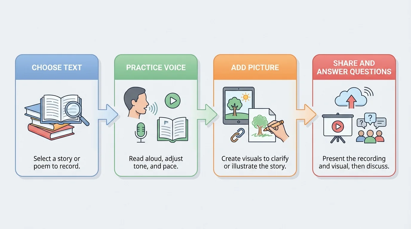 Four-step presentation flowchart with boxes labeled choose text, practice voice, add picture, share and answer questions