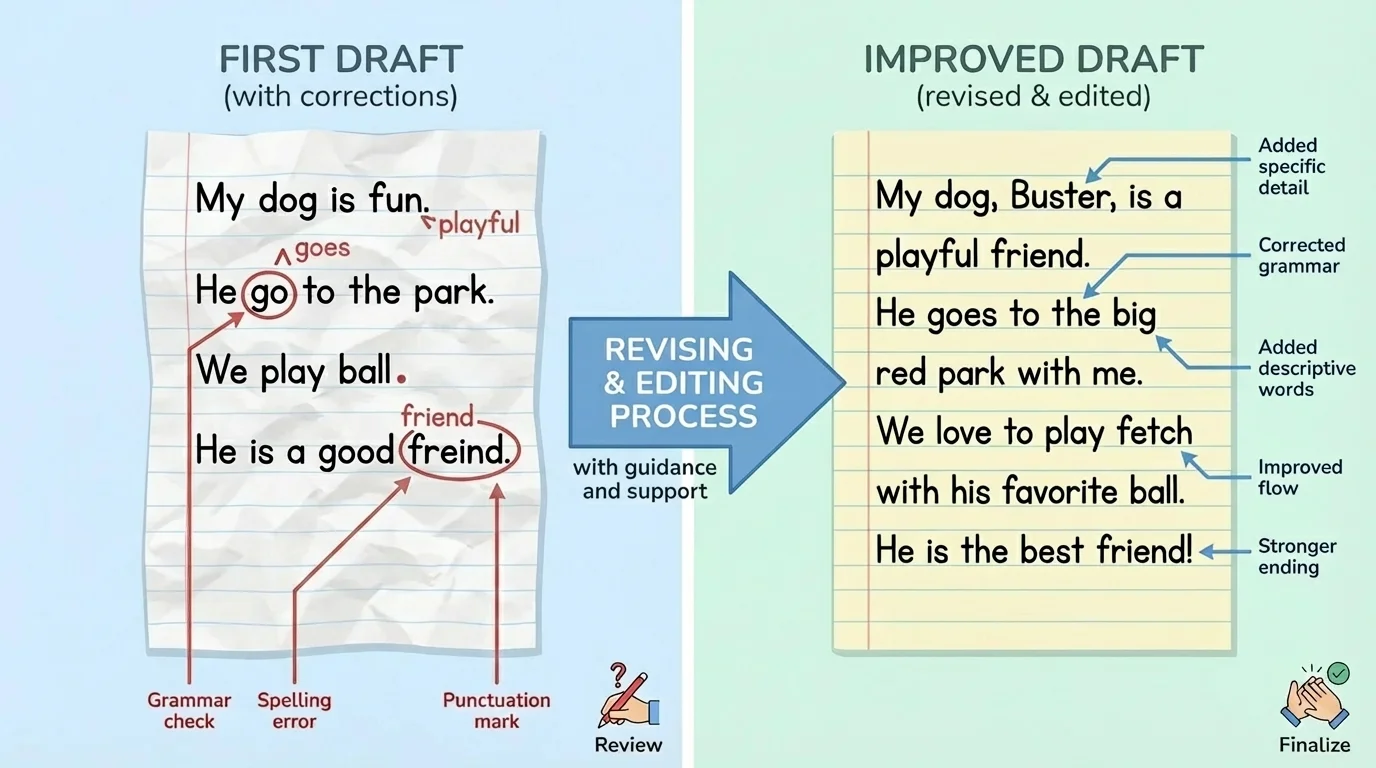 side-by-side first draft and improved draft of a short child paragraph with simple correction marks and added details