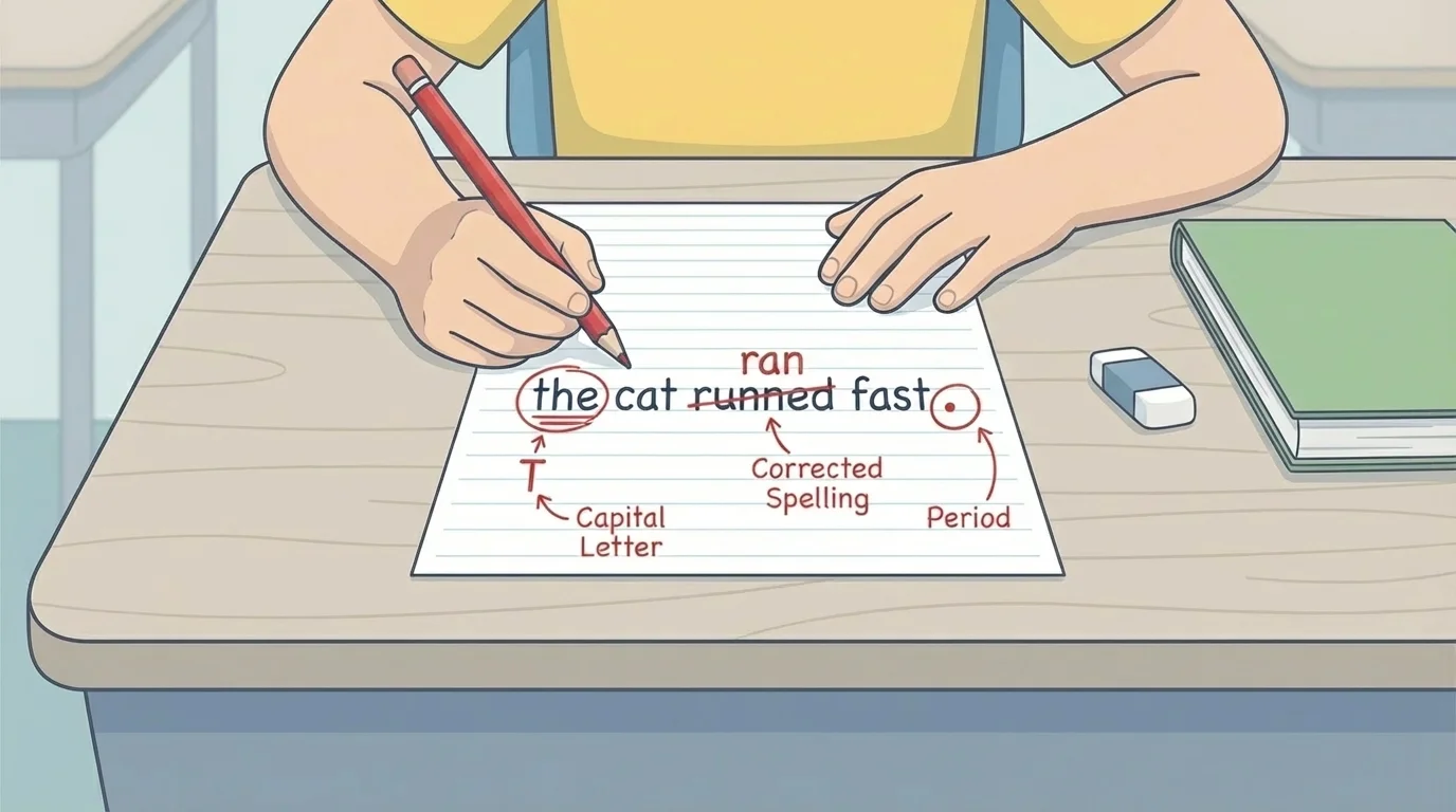 child editing a sentence on paper with marks for capital letter at the start, period at the end, and corrected spelling