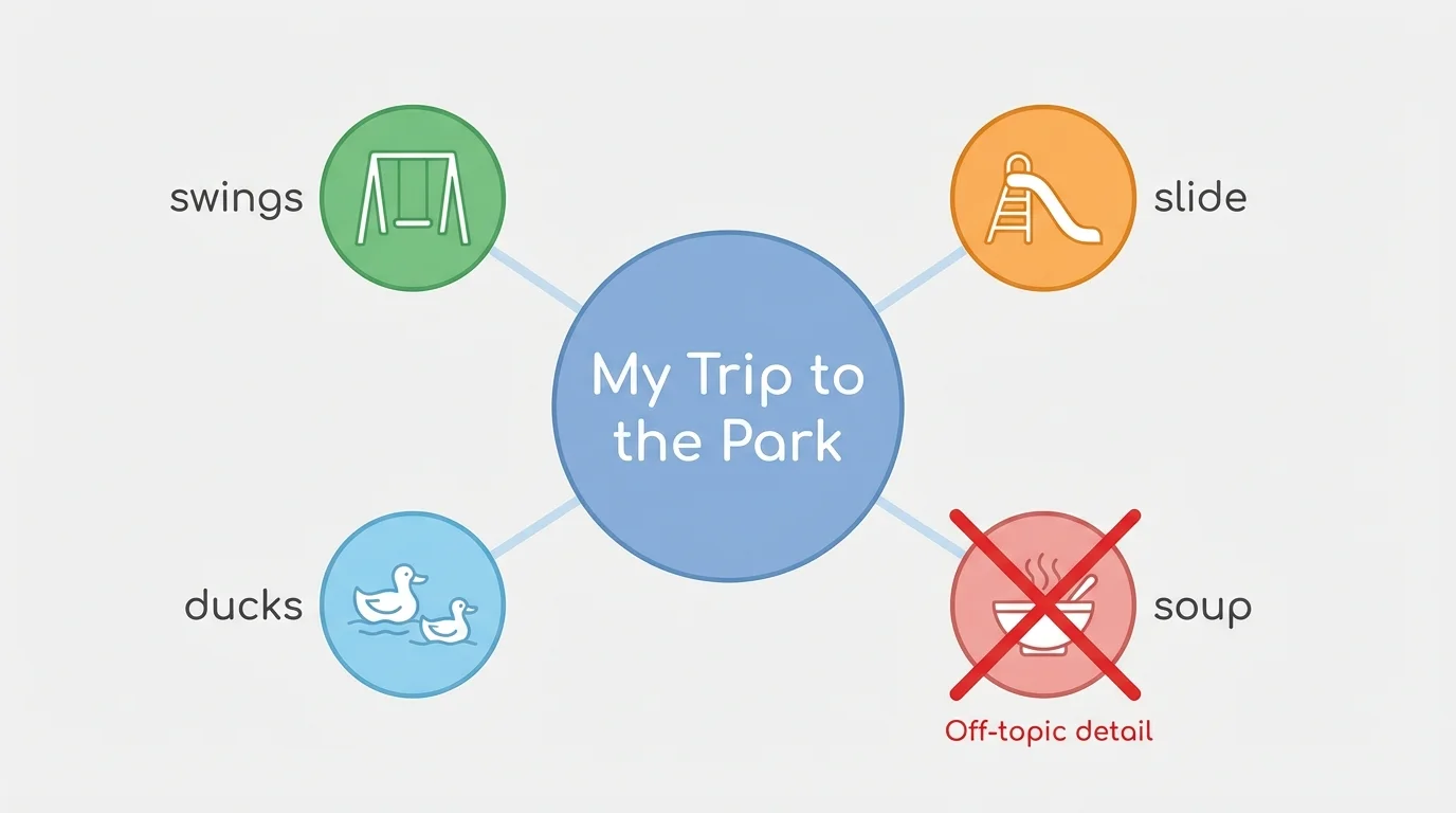 main topic circle labeled My Trip to the Park with connected details swings, slide, ducks, and one crossed-out off-topic detail about soup