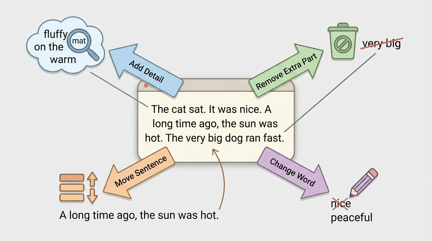 short paragraph in the center with arrows showing revise actions add detail, remove extra part, move sentence, change word