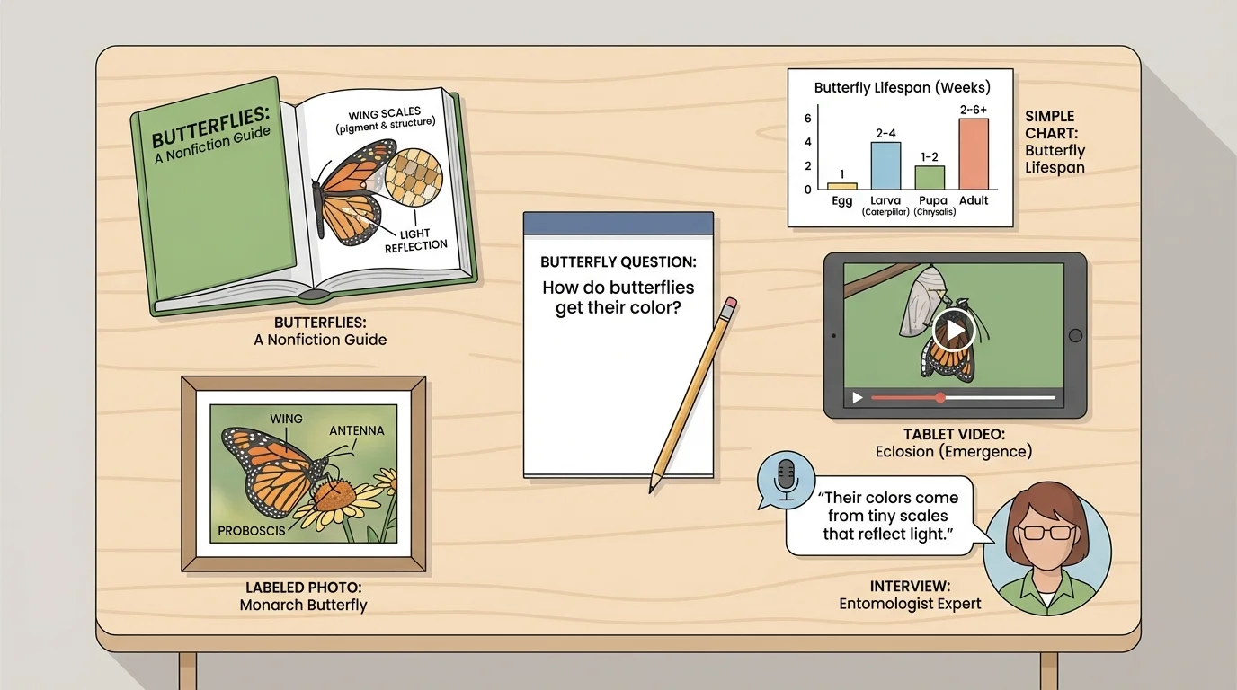 table with several information sources for one butterfly question—a nonfiction book, labeled photo, simple chart, tablet showing a butterfly video, and an adult being interviewed