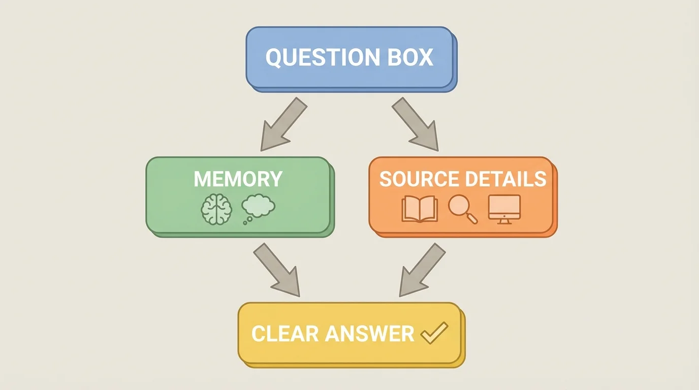 simple flowchart with a question box at the top, two middle boxes labeled memory and source details, and one bottom box labeled clear answer