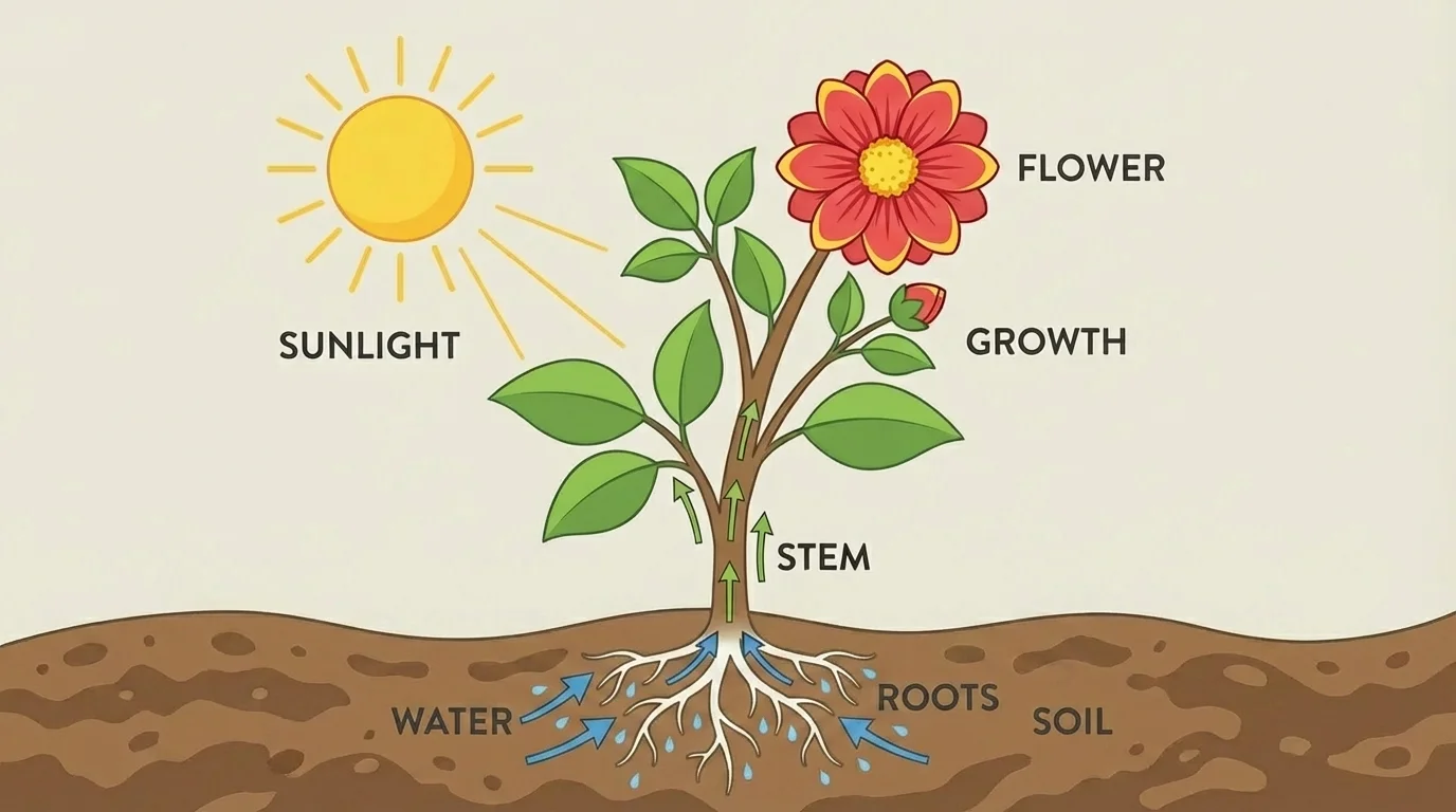 diagram of sunlight on a plant, roots taking in water, leaves growing, flower blooming