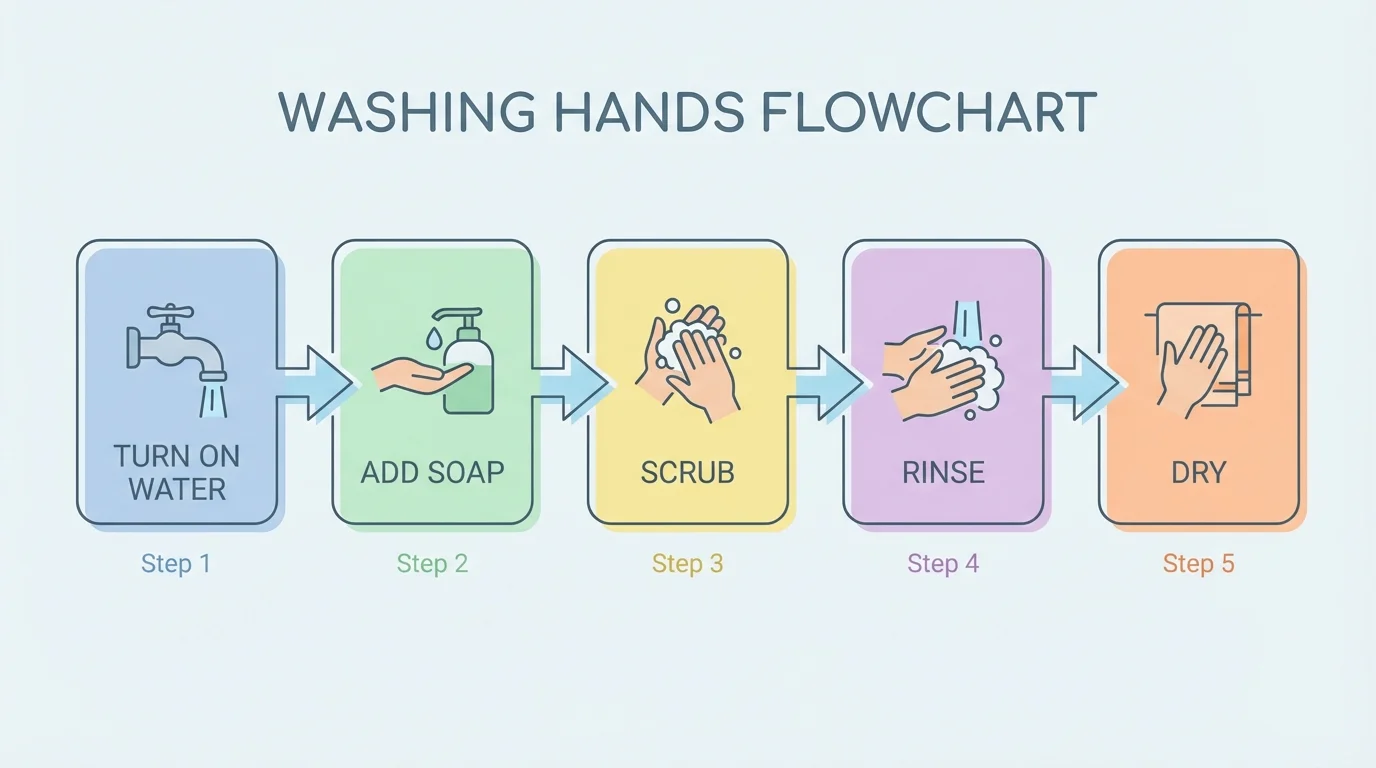 flowchart of washing hands: turn on water, add soap, scrub, rinse, dry