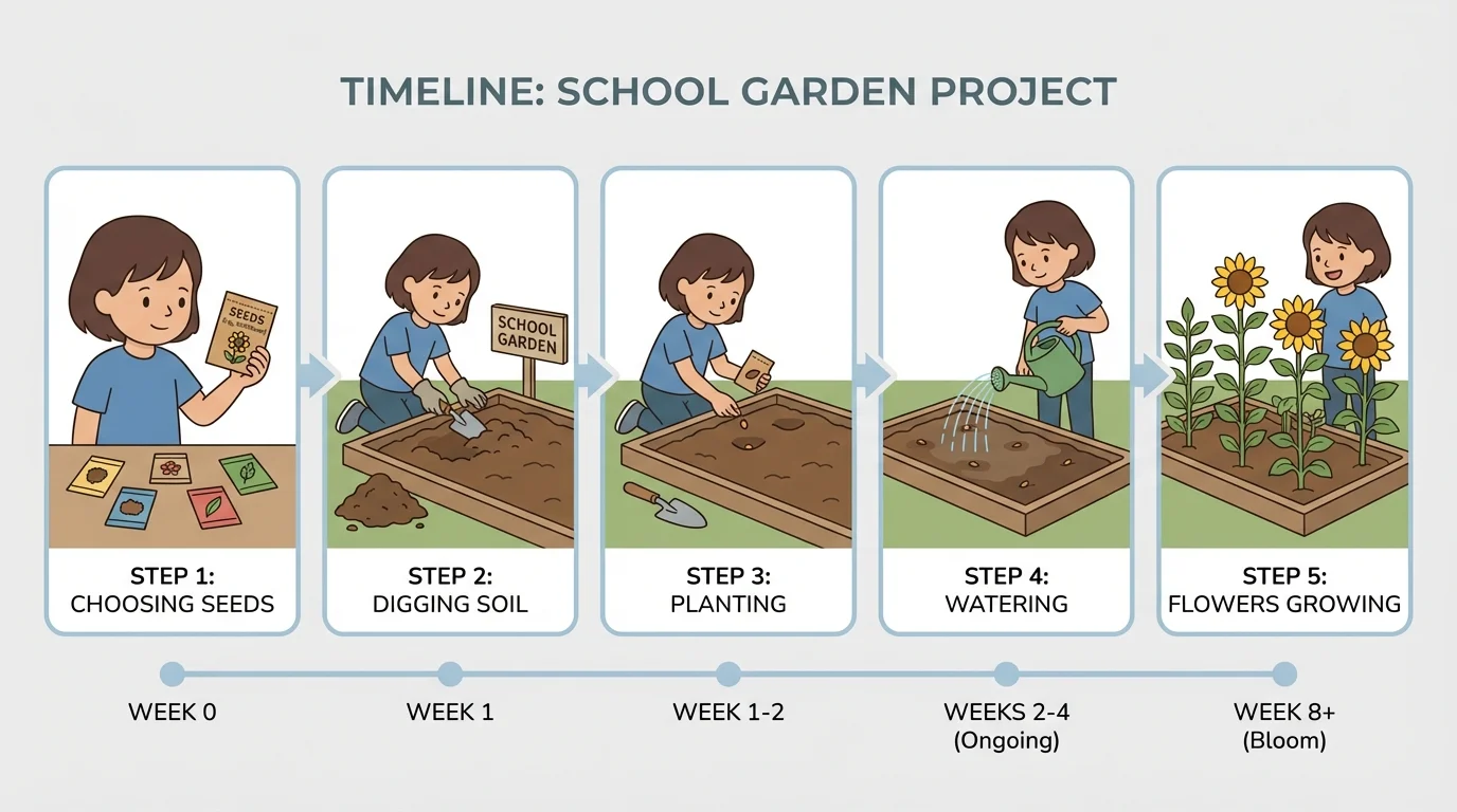 timeline showing a child planting a school garden: choosing seeds, digging soil, planting, watering, flowers growing