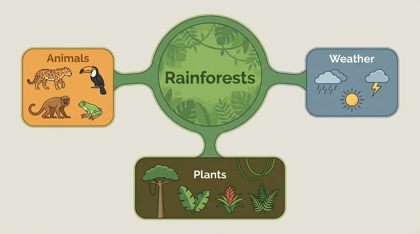 chart showing one big circle labeled 'Rainforests' connected to three smaller boxes labeled 'Animals', 'Weather', and 'Plants'