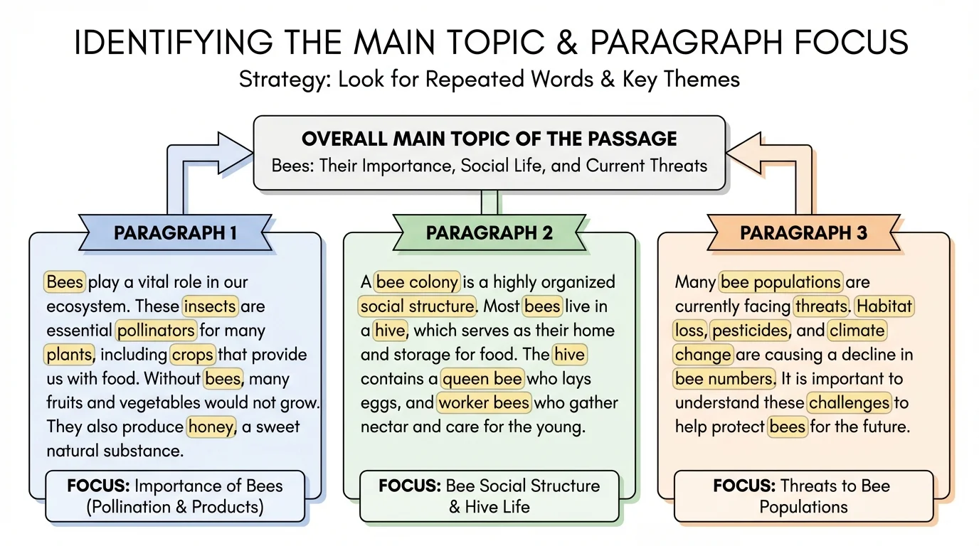 chart showing a short informational passage about bees in three paragraphs, with repeated words and paragraph labels highlighted
