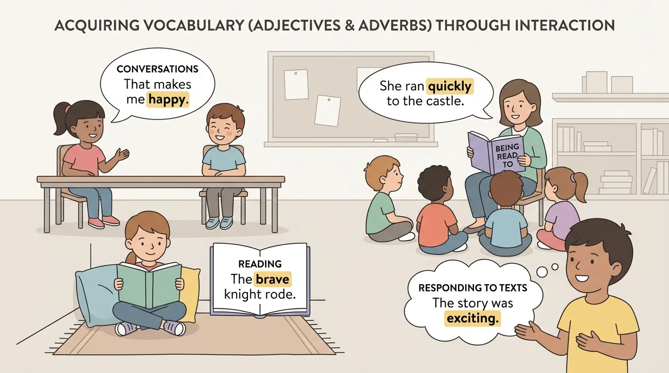 classroom scene with one child talking with a classmate, one child reading a book, one child listening to a teacher read aloud, and one child sharing a response about a story