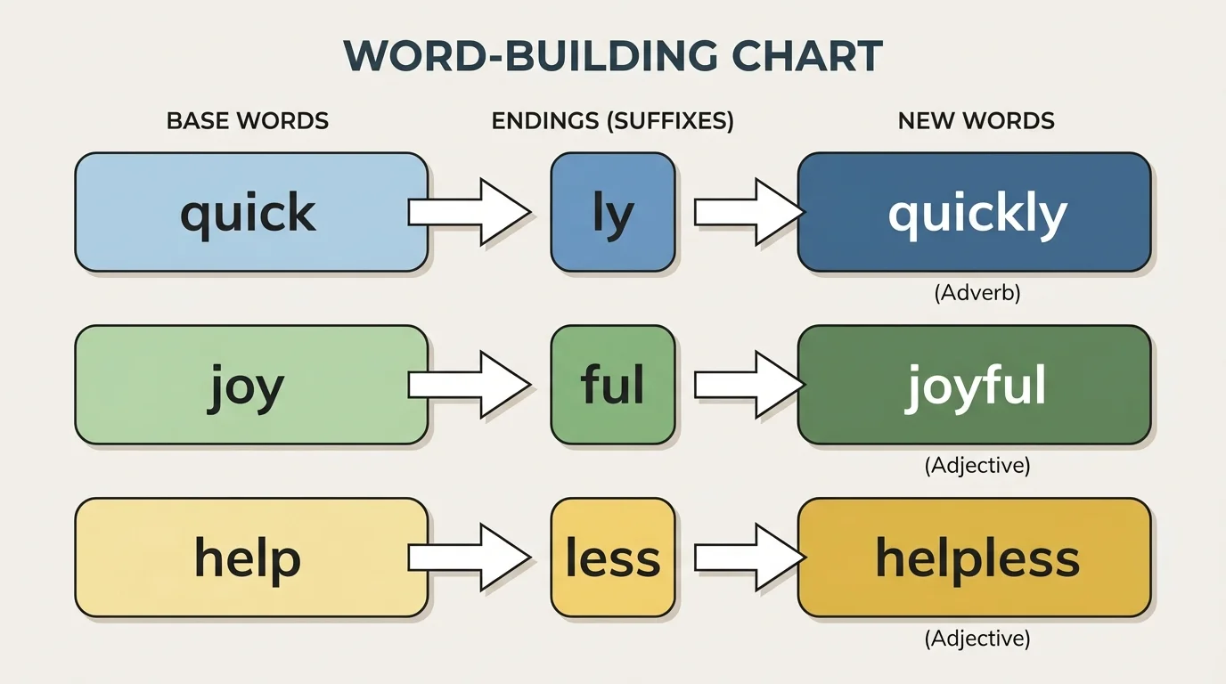 word-building chart with base words quick, joy, help and endings ly, ful, less combining into quickly, joyful, helpless