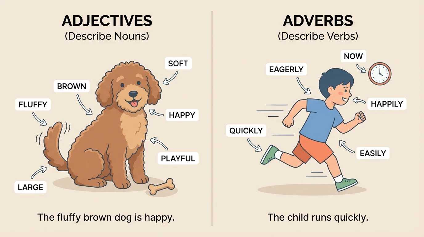 side-by-side scene showing a fluffy brown dog labeled with adjective examples and a child running quickly labeled with adverb examples