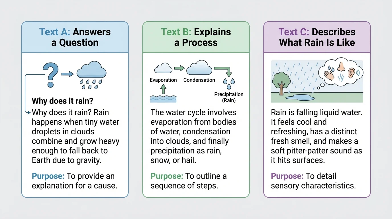 Illustration of three short rain texts side by side—one answering a question, one explaining a process, one describing what rain is like