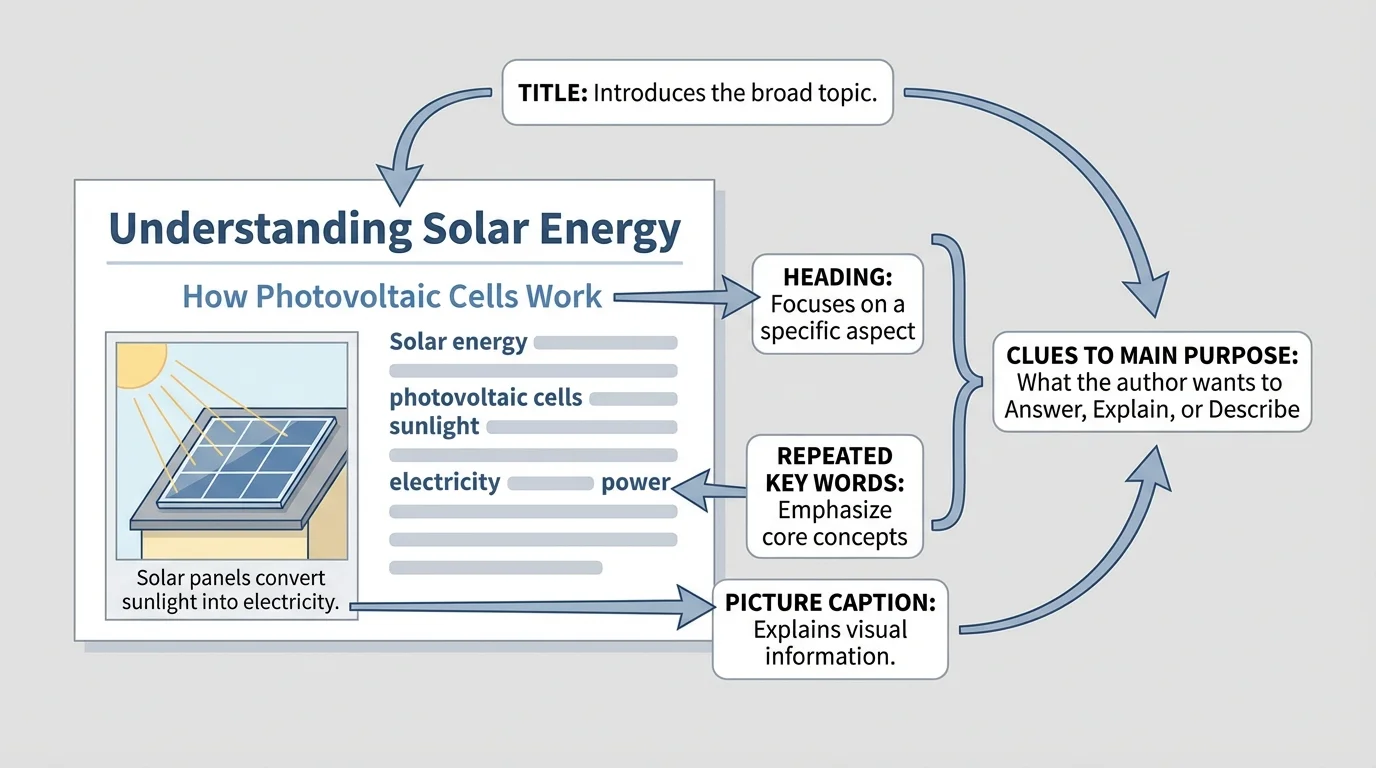 Diagram of an informational page with title, heading, picture caption, and repeated key words labeled as clues to main purpose