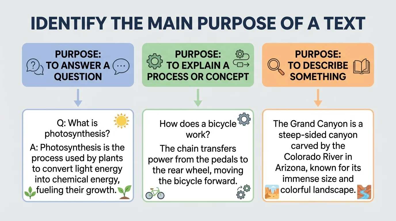 Chart showing three informational text purposes—answer, explain, describe—with a short example for each