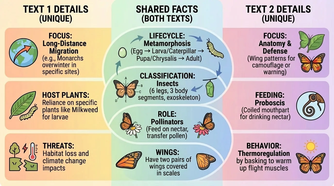 chart comparing two butterfly informational texts with shared facts in the center and different details on each side