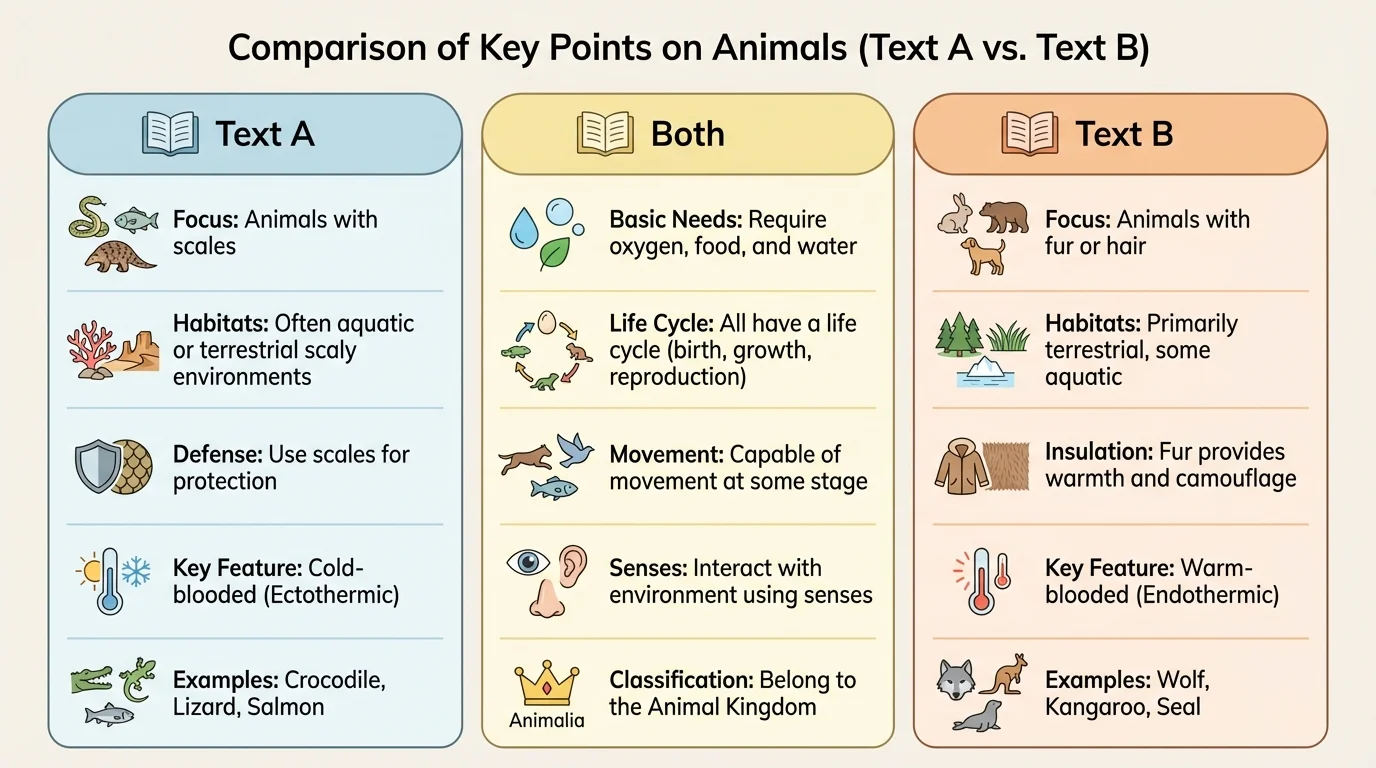 three-column comparison chart labeled Text A, Both, Text B with simple notes about animals
