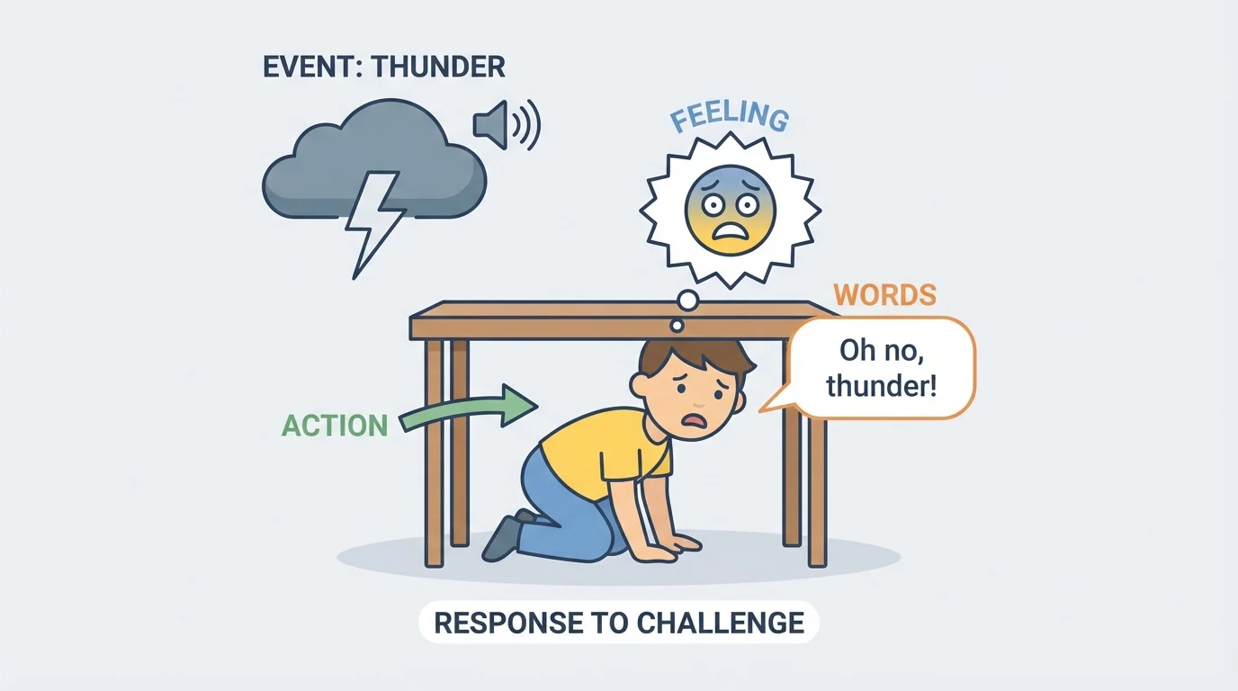 child character hears thunder, looks scared, says a short line, and hides under a table with simple labels for feelings, words, and actions