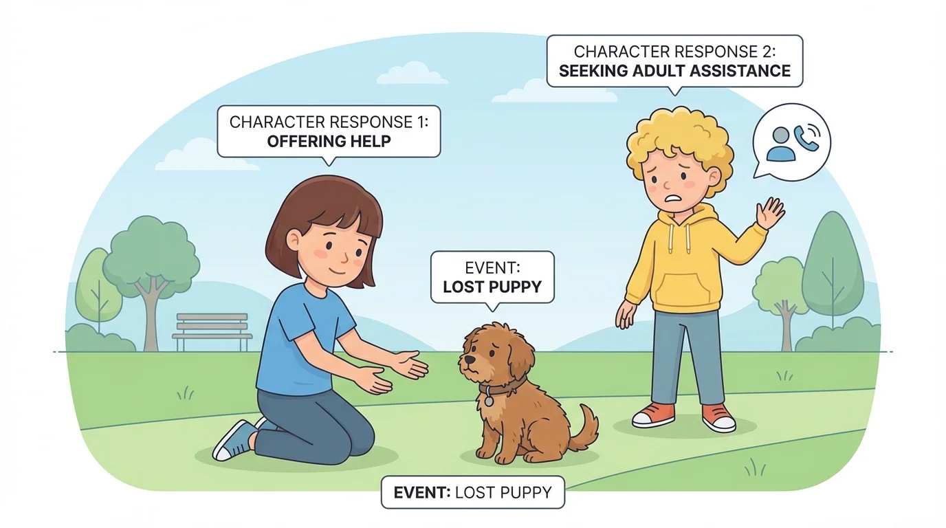 two children see a lost puppy in a park; one kneels with open hands to help while the other looks worried and calls for an adult