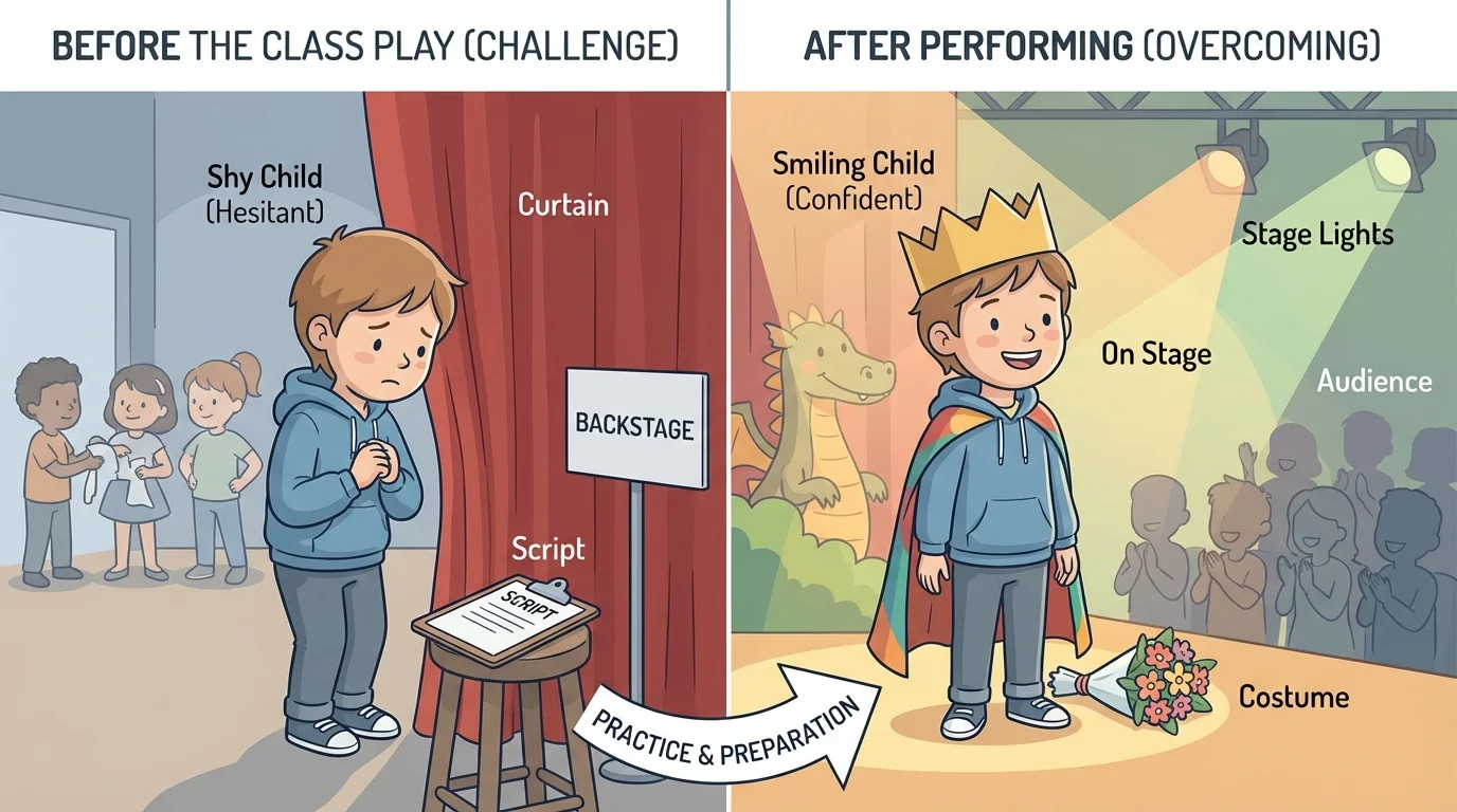 split scene showing a shy child before a class play and the same child smiling on stage after practicing and performing