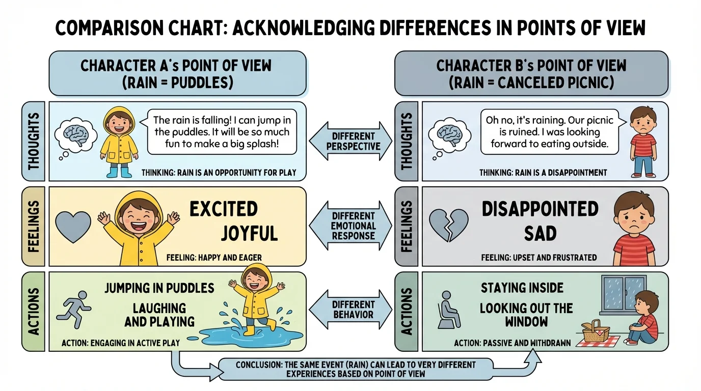 Comparison chart with Character A happy about rain for puddles and Character B upset about canceled picnic, showing thoughts, feelings, and actions side by side