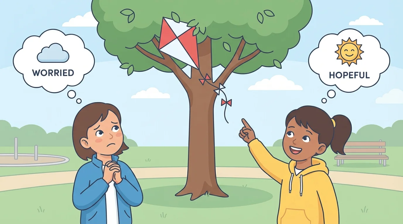Two children in a park looking at the same kite stuck in a tree, one worried and one excited, with simple emotion labels like worried and hopeful