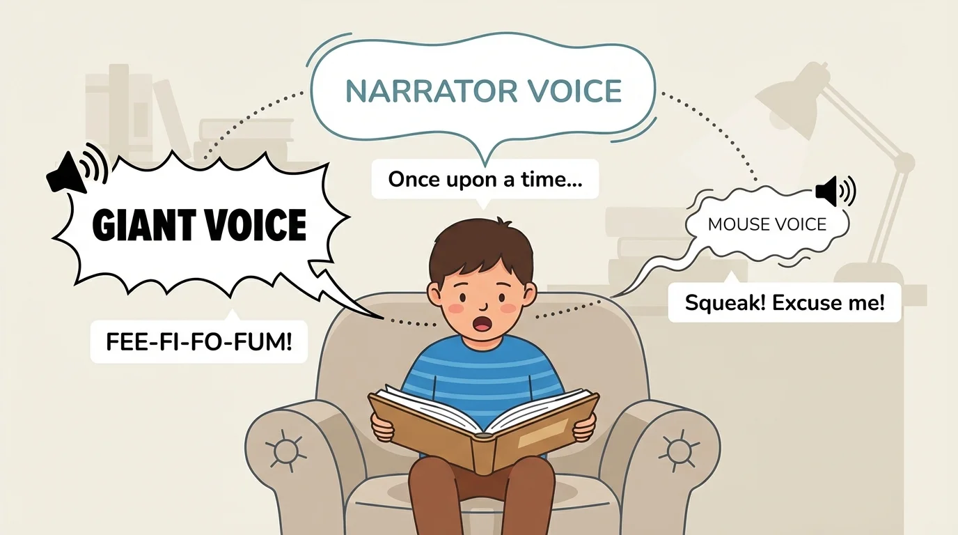 Child reading a storybook aloud with speech bubbles showing a calm narrator voice, a big booming giant voice, and a tiny squeaky mouse voice