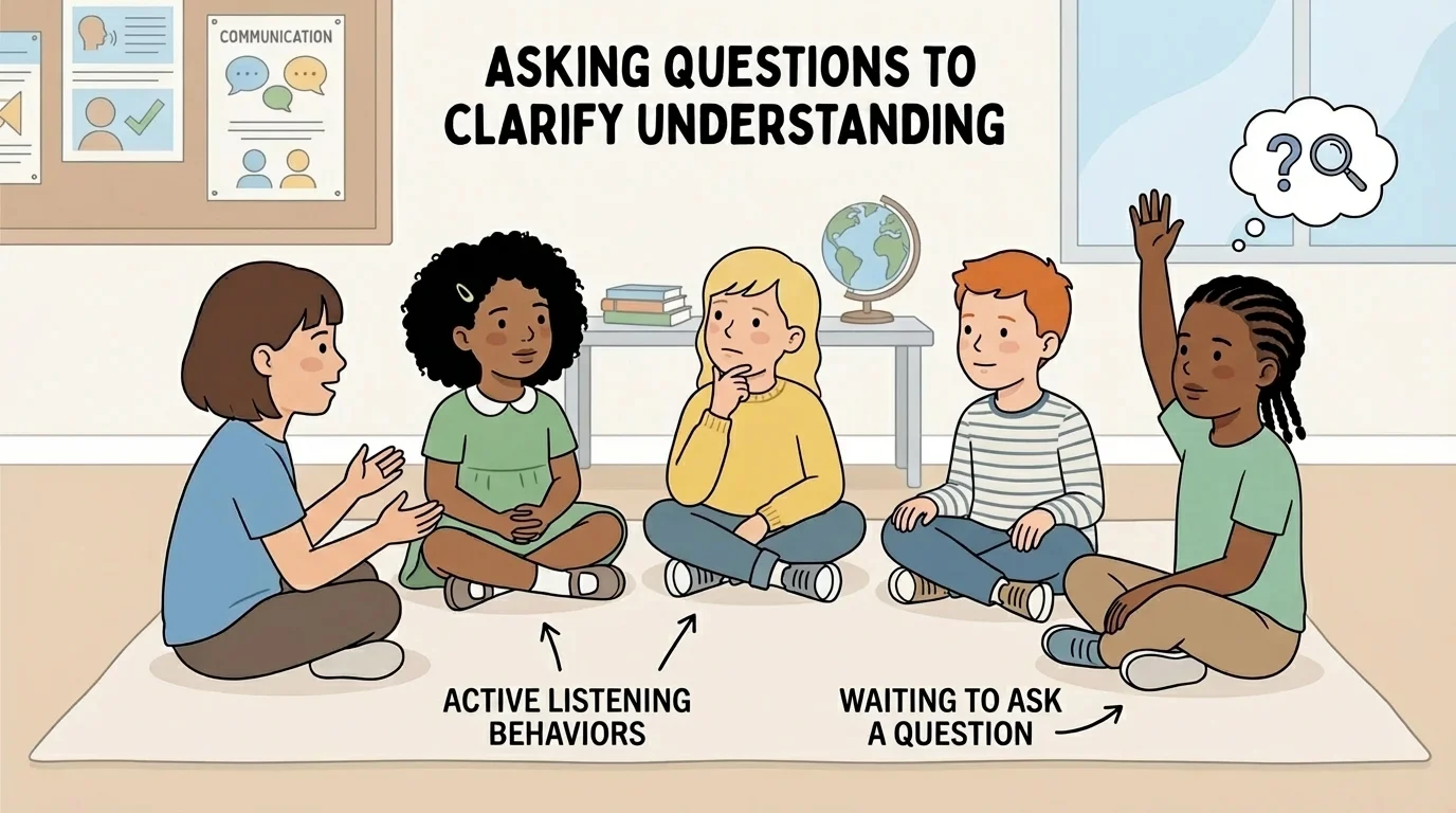 Small group of children sitting in a circle showing active listening behaviors such as eyes on speaker, quiet hands, thinking face, and one child waiting to speak with a raised hand