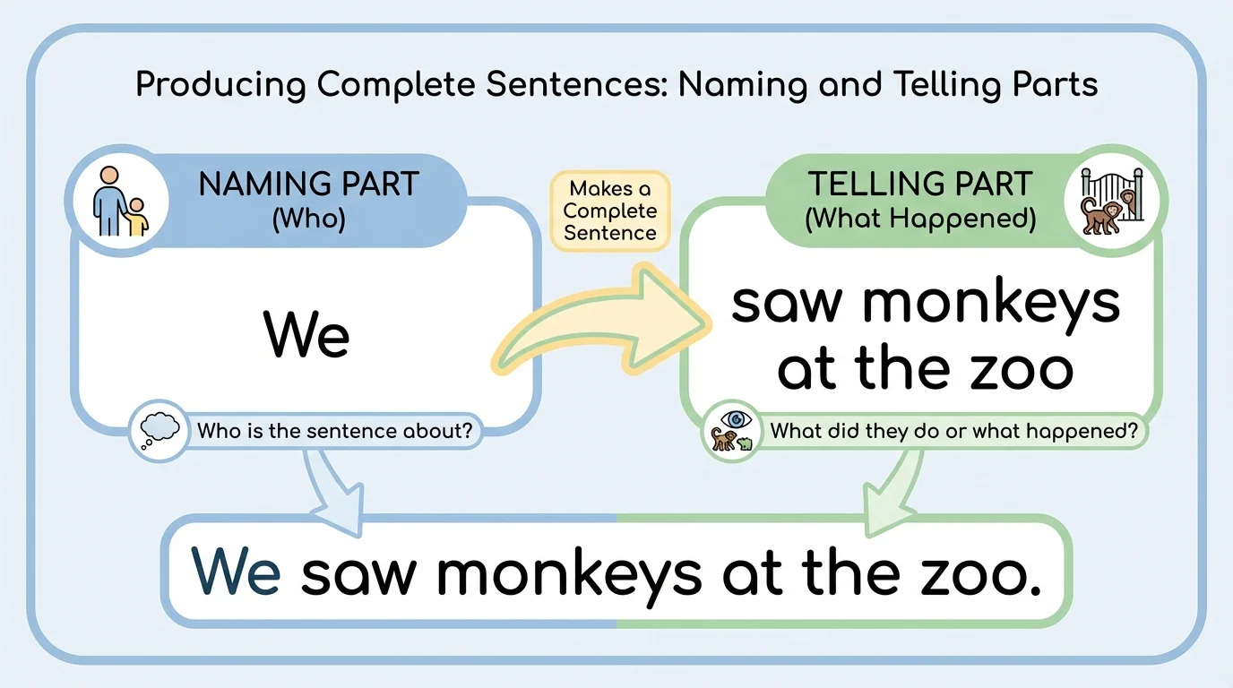 child-friendly diagram showing a complete sentence split into naming part and telling part, using the example sentence 'We saw monkeys at the zoo' with labels for who and what happened