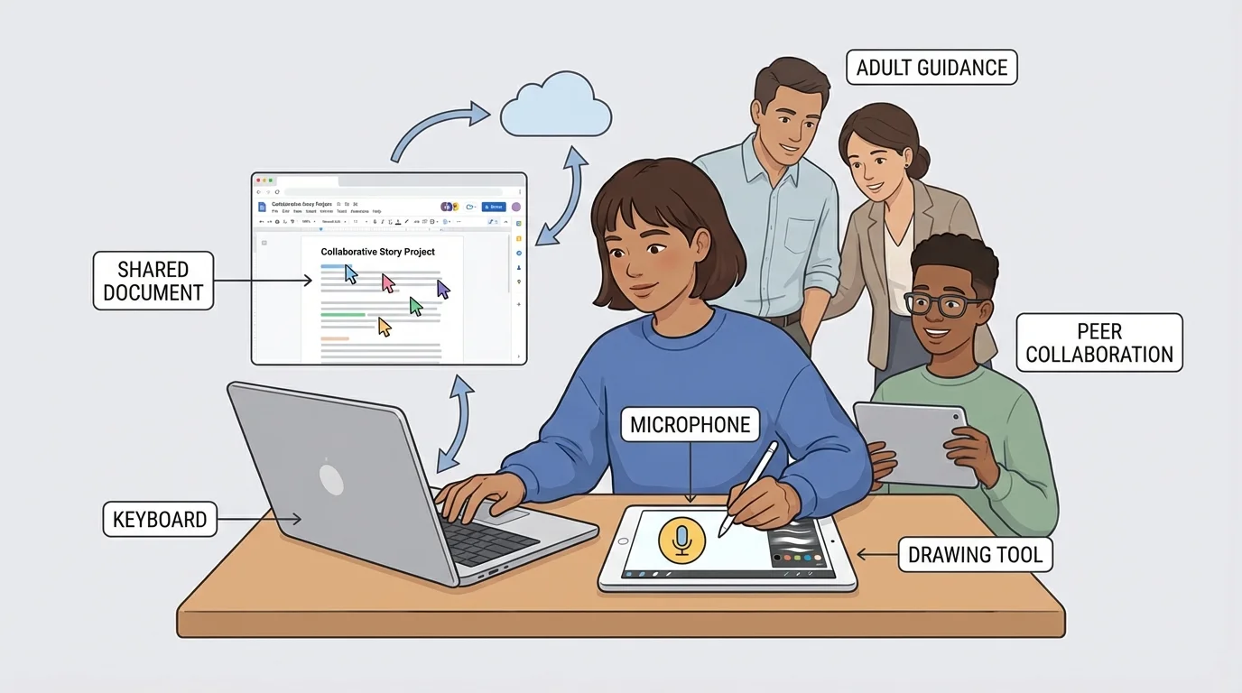 Student using a tablet and laptop with simple labels for keyboard, microphone, drawing tool, and shared document