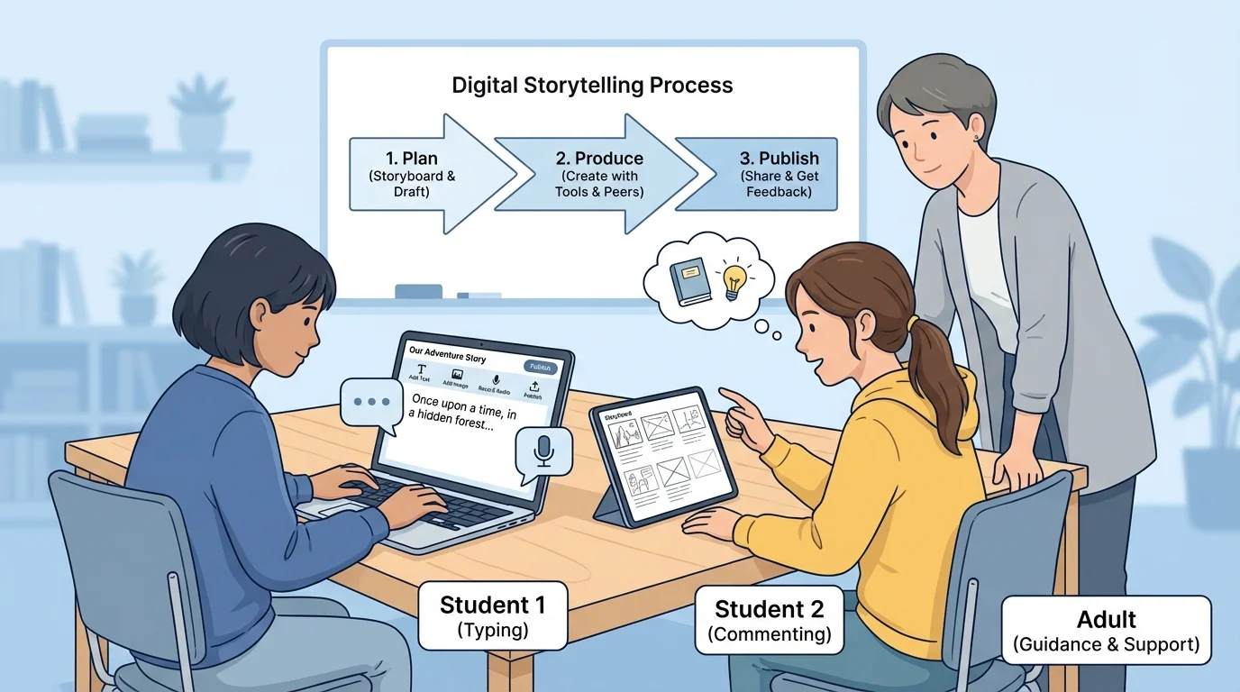 Two students working on one digital story, one typing and one giving a comment, with an adult nearby