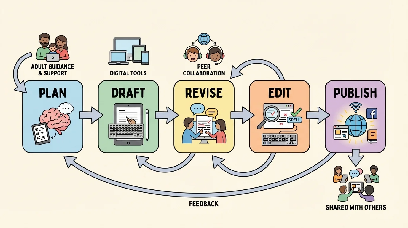 Simple flowchart with boxes labeled plan, draft, revise, edit, publish