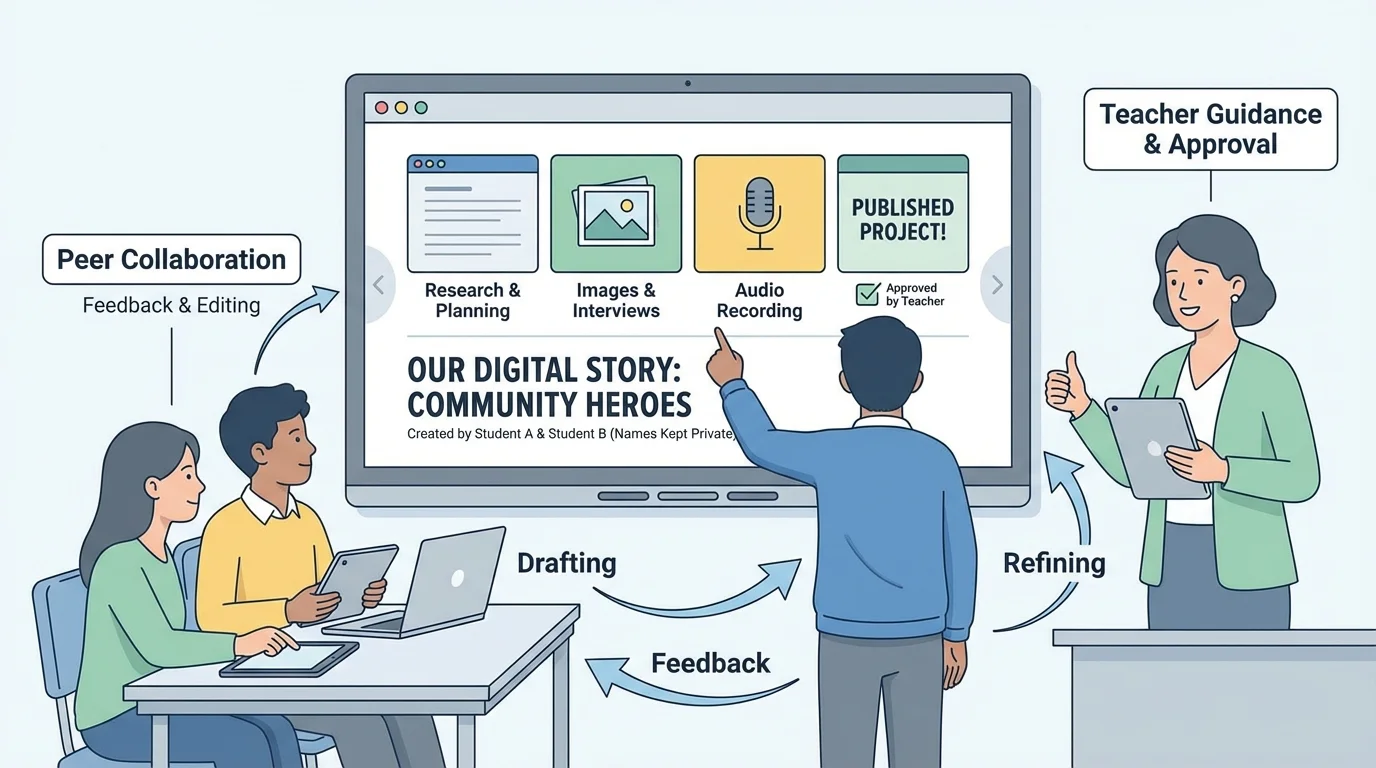 Student presenting a digital story on a classroom screen with teacher approval and names kept private