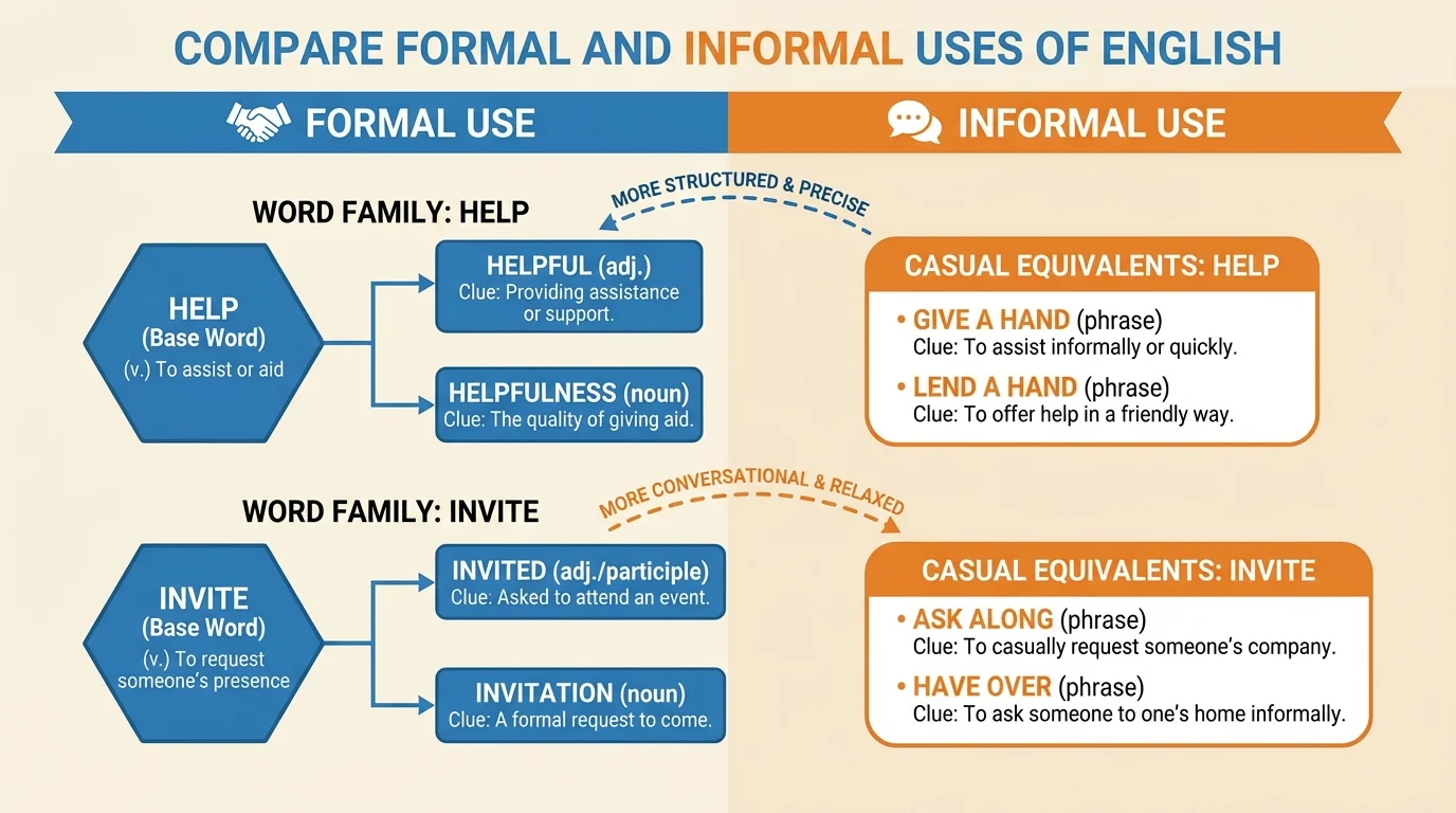 Word-family chart showing base words help and invite, with branches to helpful, helpfulness, invited, invitation, and short meaning clues