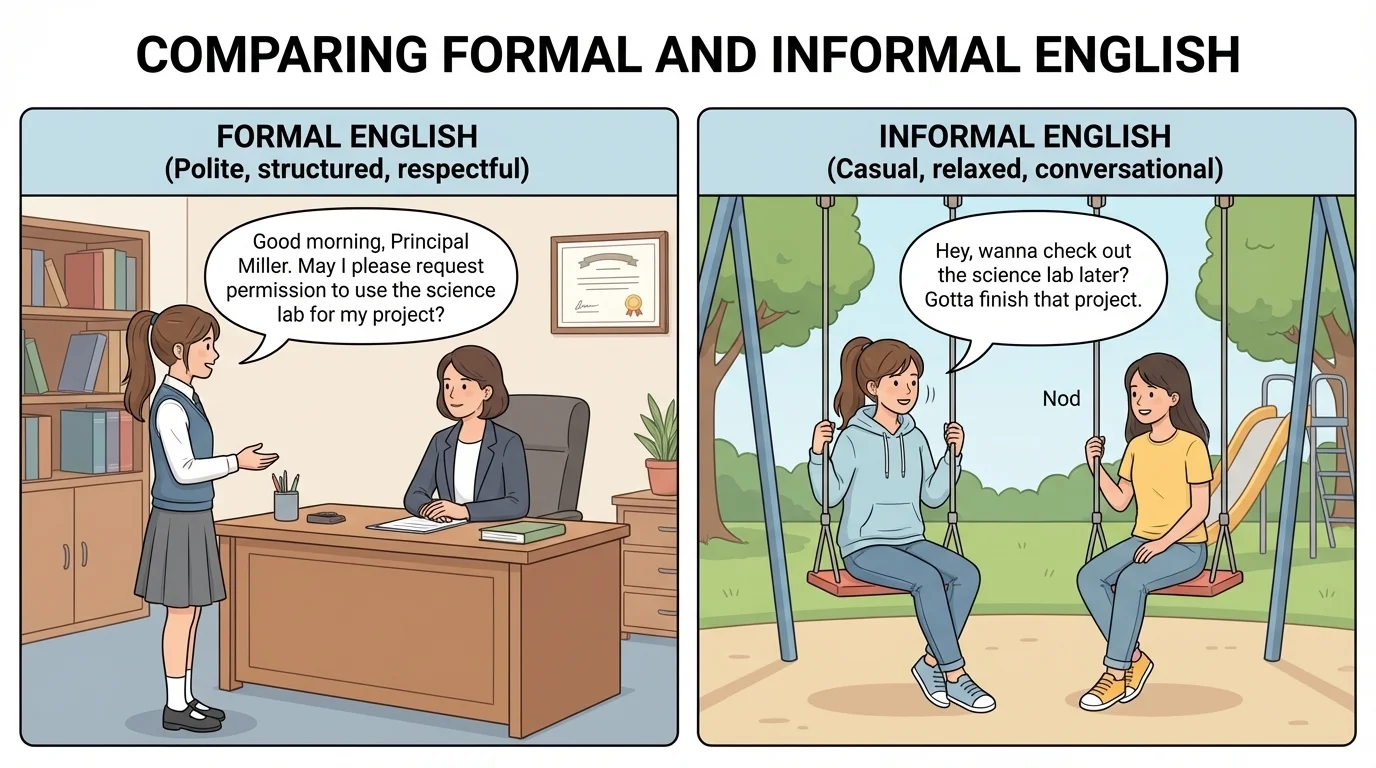 Two school scenes side by side, one student politely speaking to a principal with a complete sentence and the same student casually talking with a friend on the playground