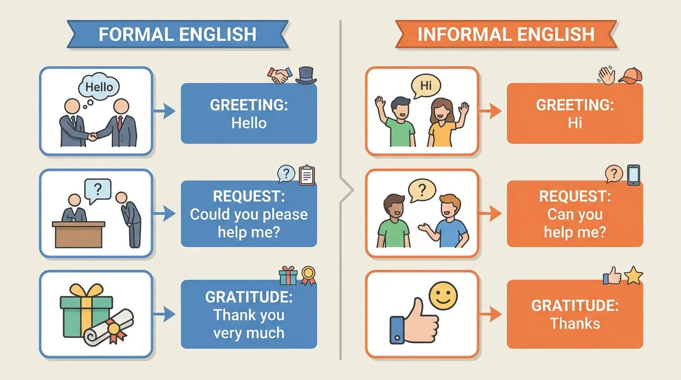 Comparison chart with paired examples Hello and Hi, Could you please help me and Can you help me, Thank you very much and Thanks, using simple school-friendly icons